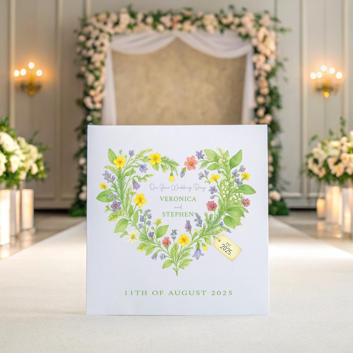 Personalised Irish Wedding Card β Wild Flower Heart, Bride & Groom Names + Date, Romantic Keepsake