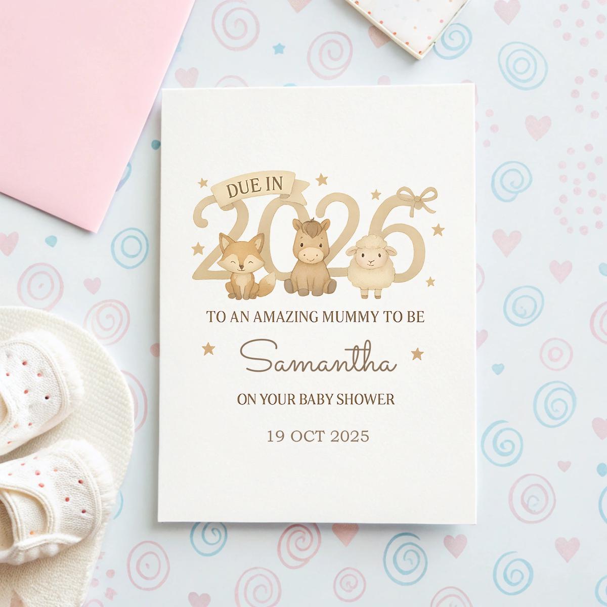 Personalised Baby Shower Card β Cute Woodland Animals, Due in 2026, Name & Date Customisation, Mum to Be Gift, Custom Inside Message Option