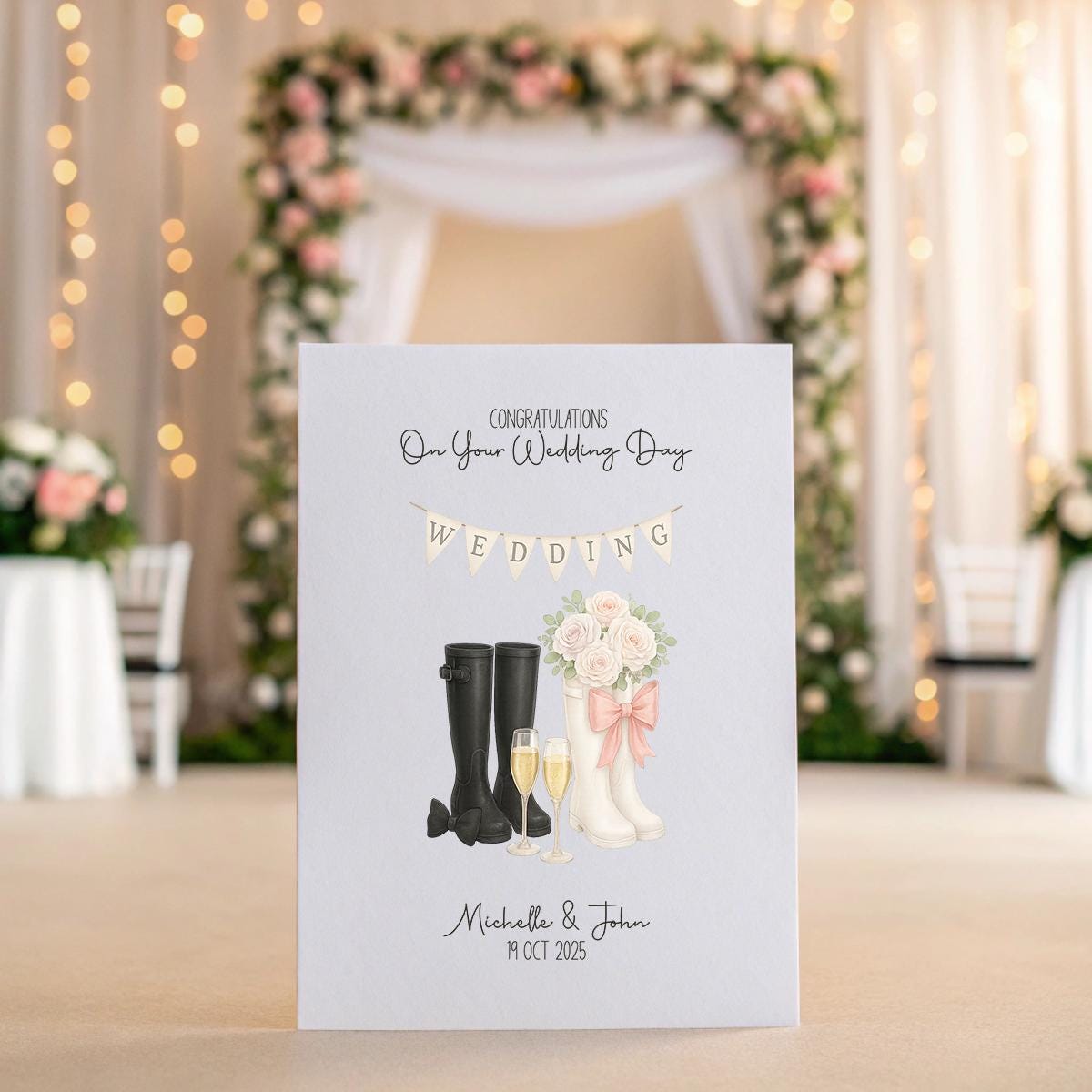 Personalised Wedding Card with Wellies โ Rustic A5 Linen, Champagne & Flowers, Names & Date