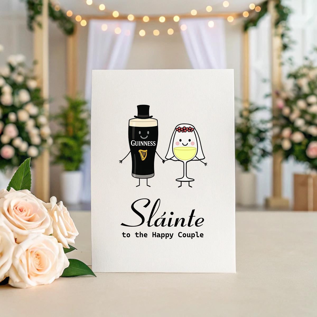 Funny Irish Wedding Card – Sláinte to the Happy Couple – Guinness & Wine Bride Design – Red or White Wine Option – 5x7 Linen Card Gift