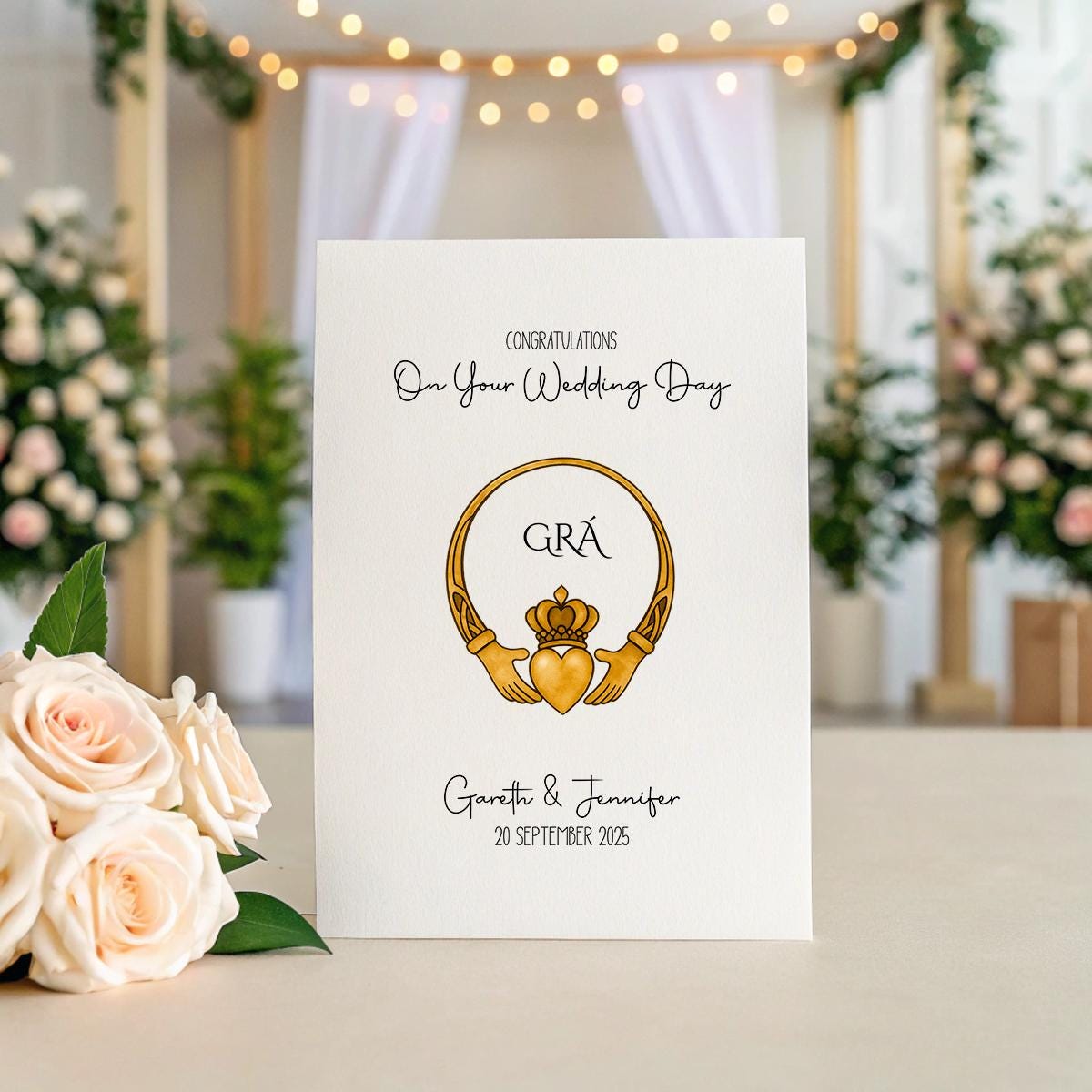 Grá Irish Wedding Card – Celtic Design with Personalised Names 💛