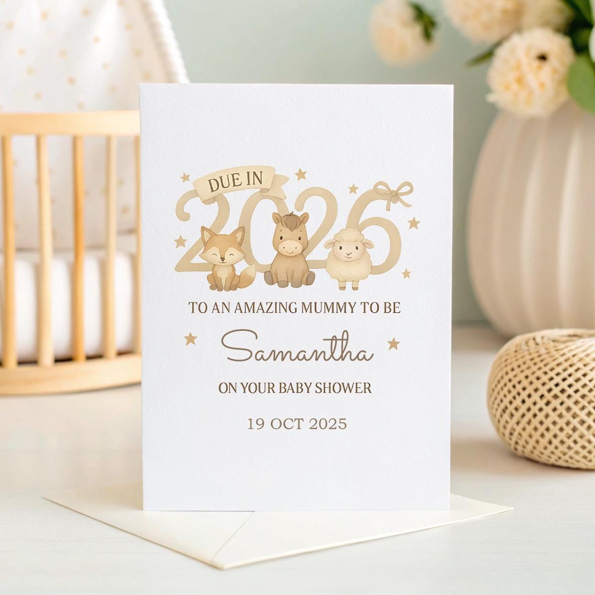 Personalised Baby Shower Card β Cute Woodland Animals, Due in 2026, Name & Date Customisation, Mum to Be Gift, Custom Inside Message Option