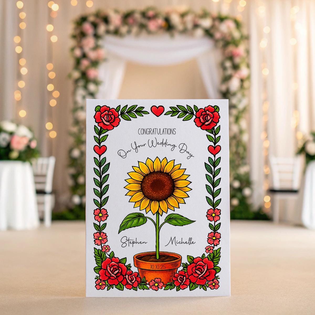 Personalised Sunflower Wedding Card – Custom Names & Date