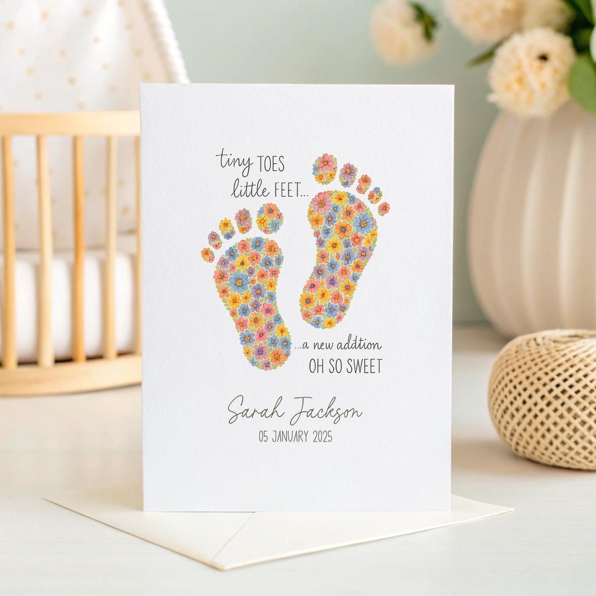 Personalised New Baby Card – Floral Baby Footprint Design, Custom Name & Date, Newborn Greeting