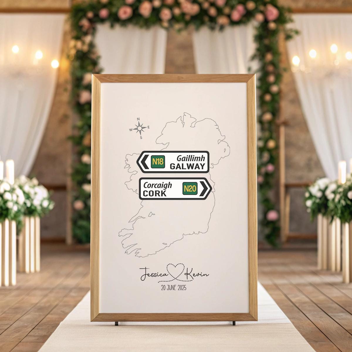 Personalised Irish Wedding Road Sign Print – Custom Map of Ireland with Names & Date – Available in A2, A3, A4 or Digital Download