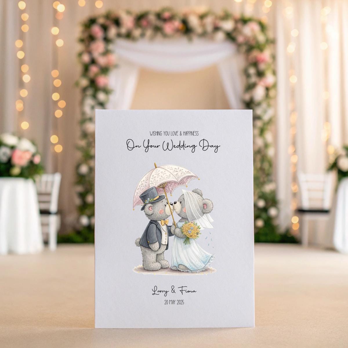 Personalised Cute Bear Wedding Card – A5 Linen Keepsake with Custom Names & Date