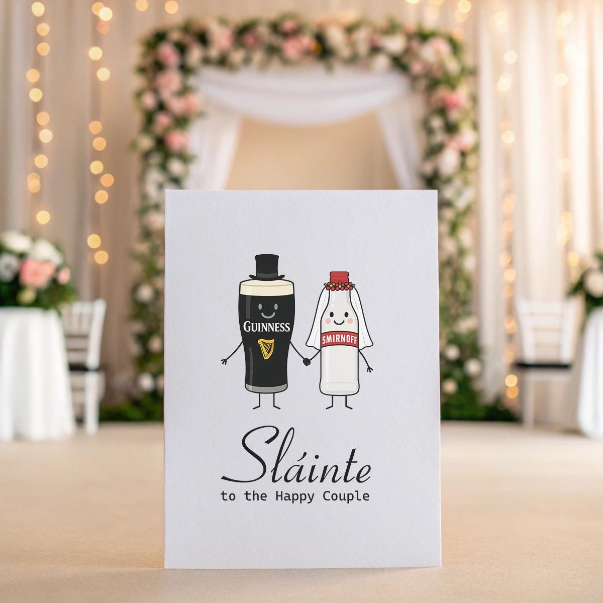 Funny Irish Wedding Card – Sláinte to the Happy Couple, Guinness & Smirnoff Cartoon