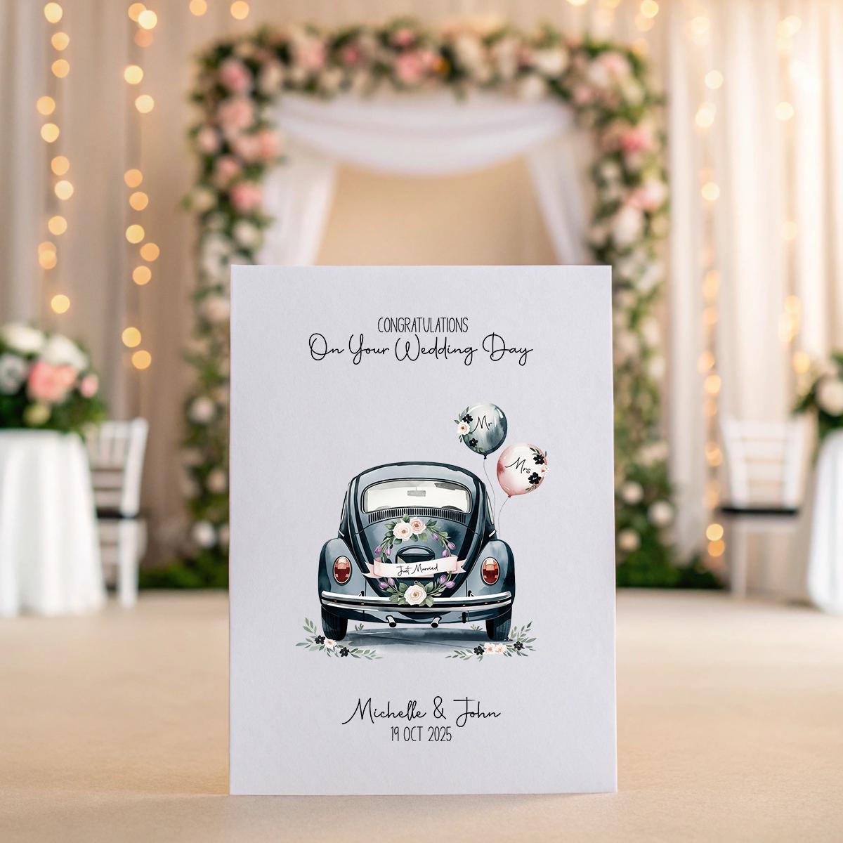 Personalised Just Married Car Wedding Card โ A5 Linen Keepsake with Names & Date