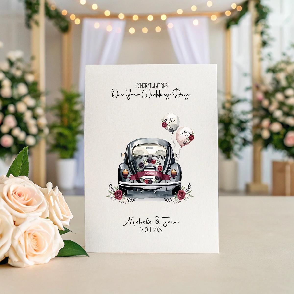 Personalised Wedding Card | Burgundy Just Married Car | Custom Names & Date | A5 Linen Card | Bride Groom Card | Romantic Wedding Gift