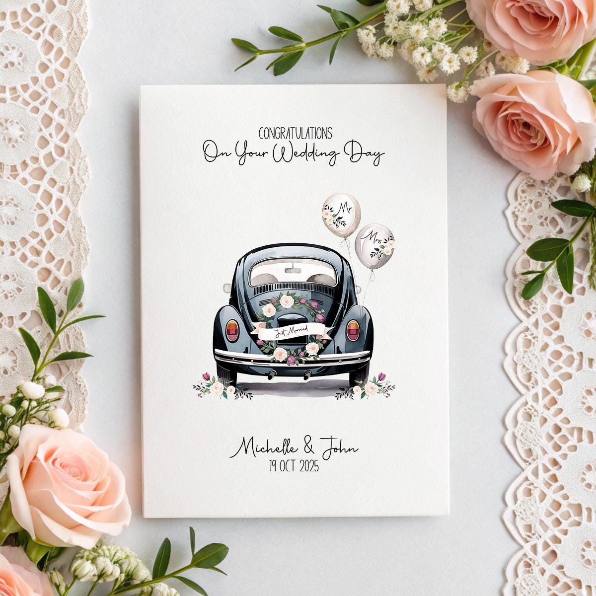 Personalised Vintage Car Wedding Card β Linen A5 Just Married Keepsake with Names & Date