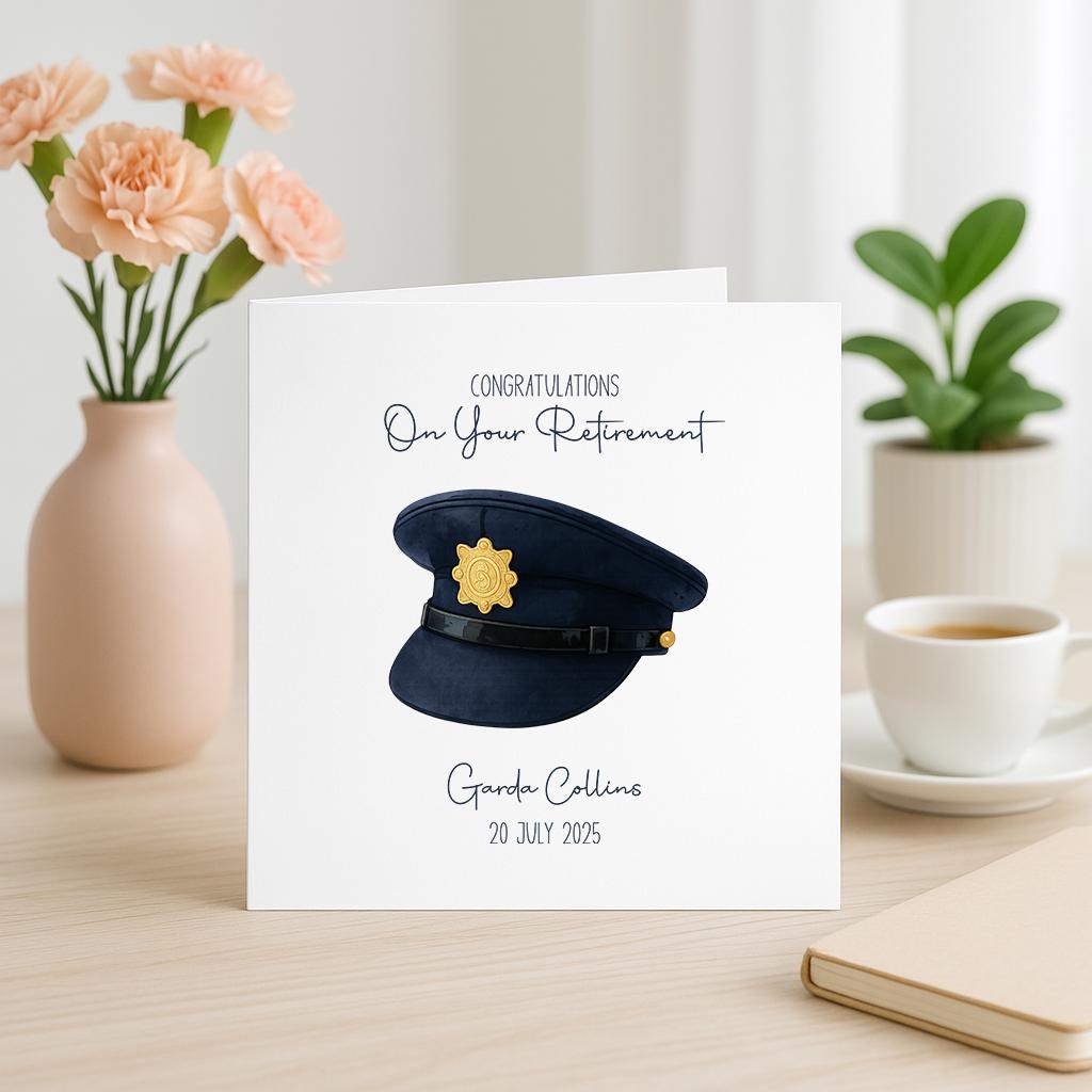 Personalised Garda Retirement Card – Illustrated Hat Keepsake with Custom Name & Date
