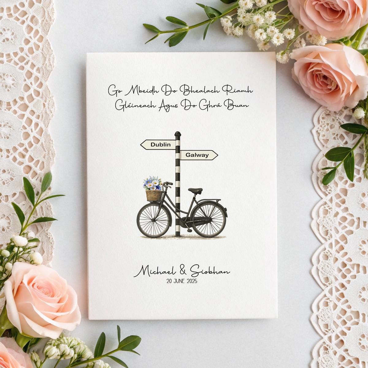 Irish Wedding Card – Gaelic Blessing & Custom Signpost with County Names, Date & Names