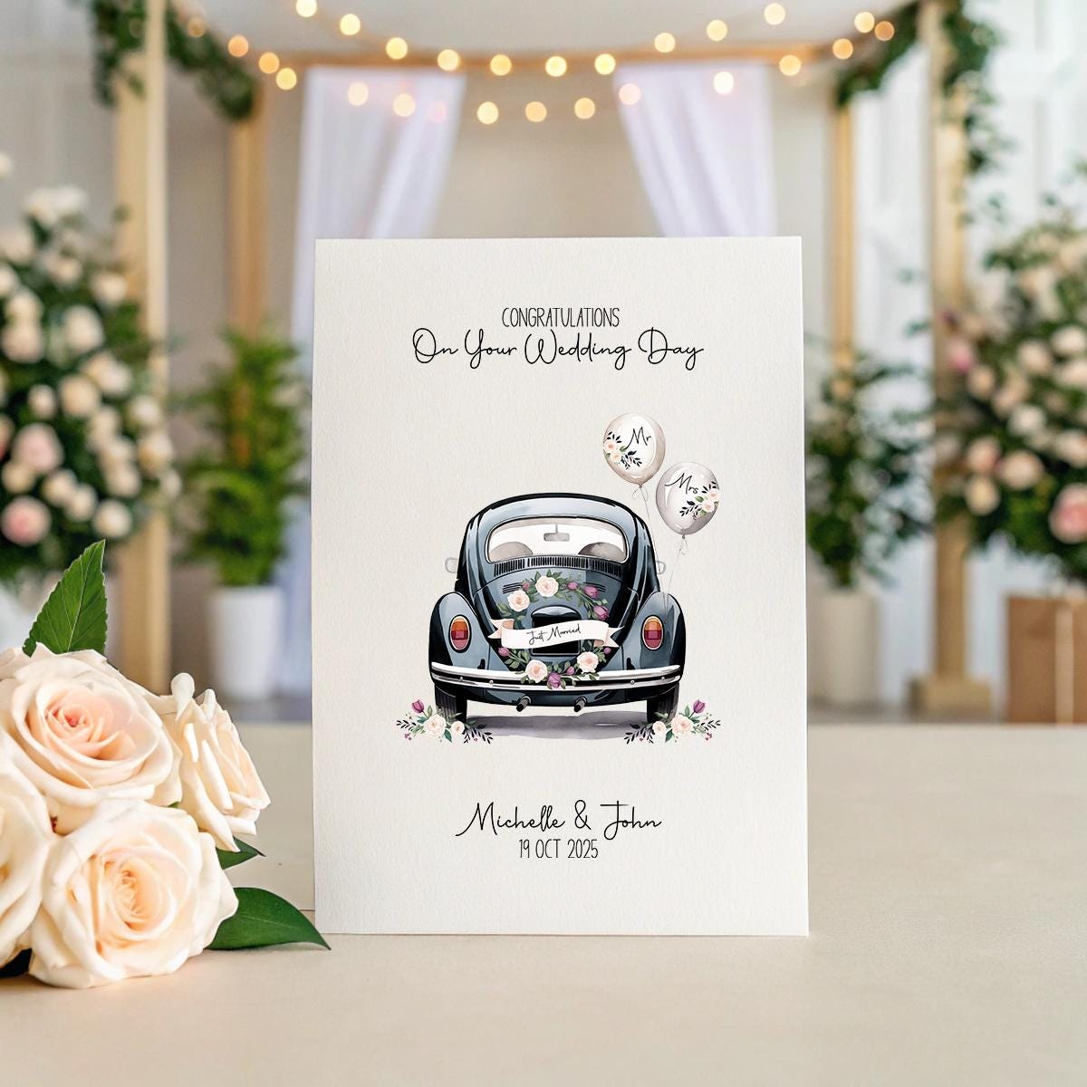 Personalised Vintage Car Wedding Card β Linen A5 Just Married Keepsake with Names & Date