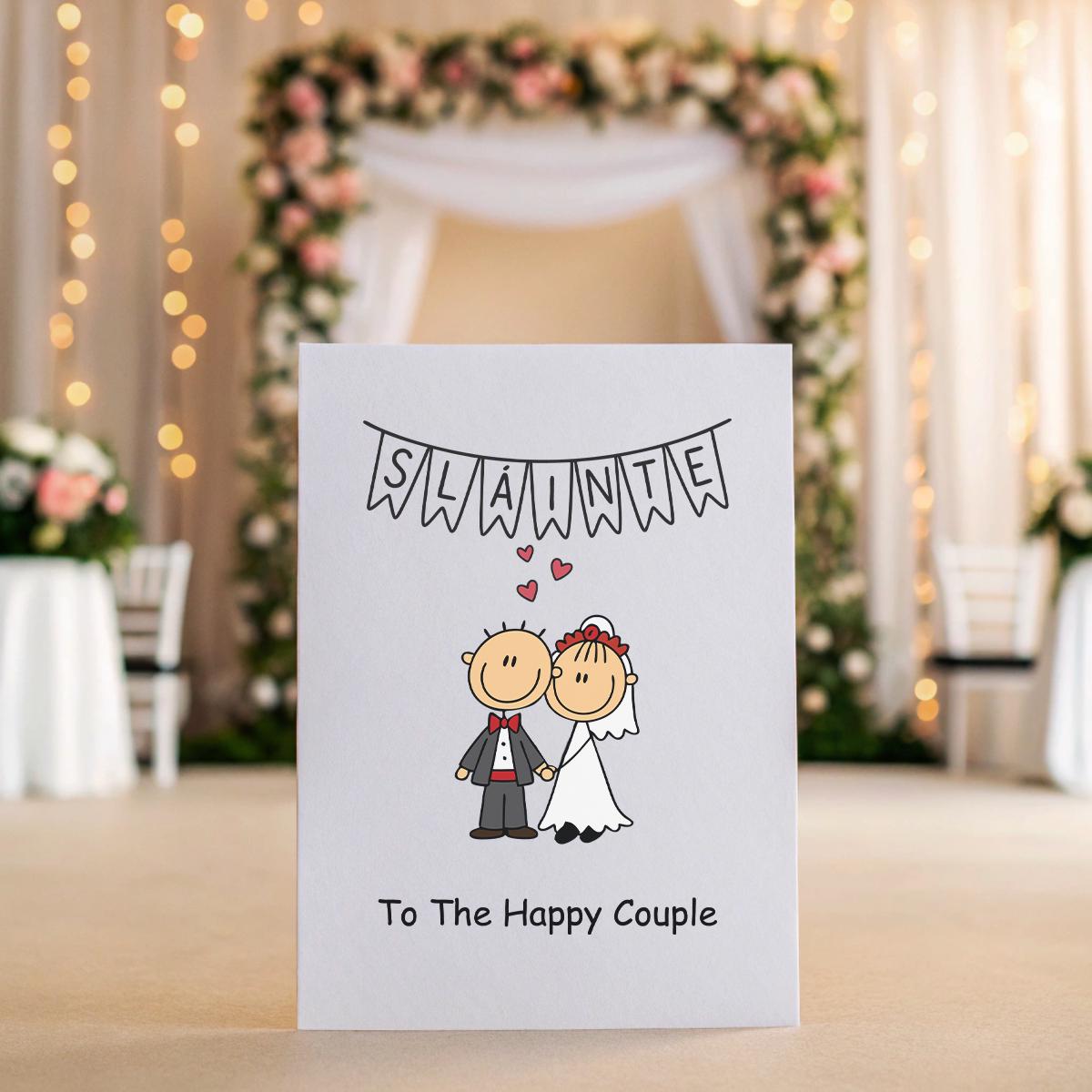 Sláinte Irish Wedding Card – To the Happy Couple – Cute Cartoon Bride & Groom – Funny Irish Wedding Card – Personalised Inside Option