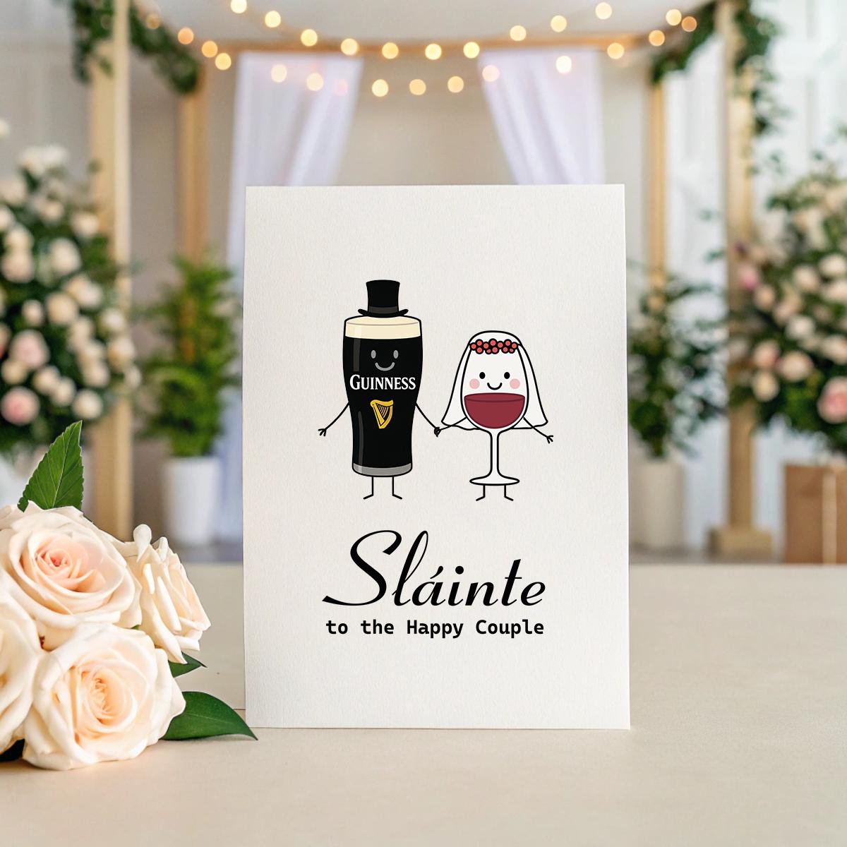 Funny Irish Wedding Card – Sláinte to the Happy Couple – Guinness & Wine Bride Design – Red or White Wine Option – 5x7 Linen Card Gift