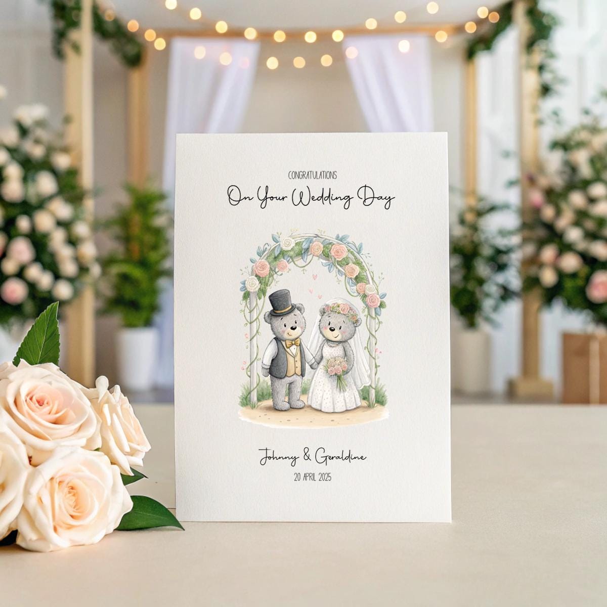 Personalised Wedding Card | Bear Bride and Groom Card | Custom Names & Date | A5 Linen Wedding Card | Cute Wedding Card | Handmade Keepsake