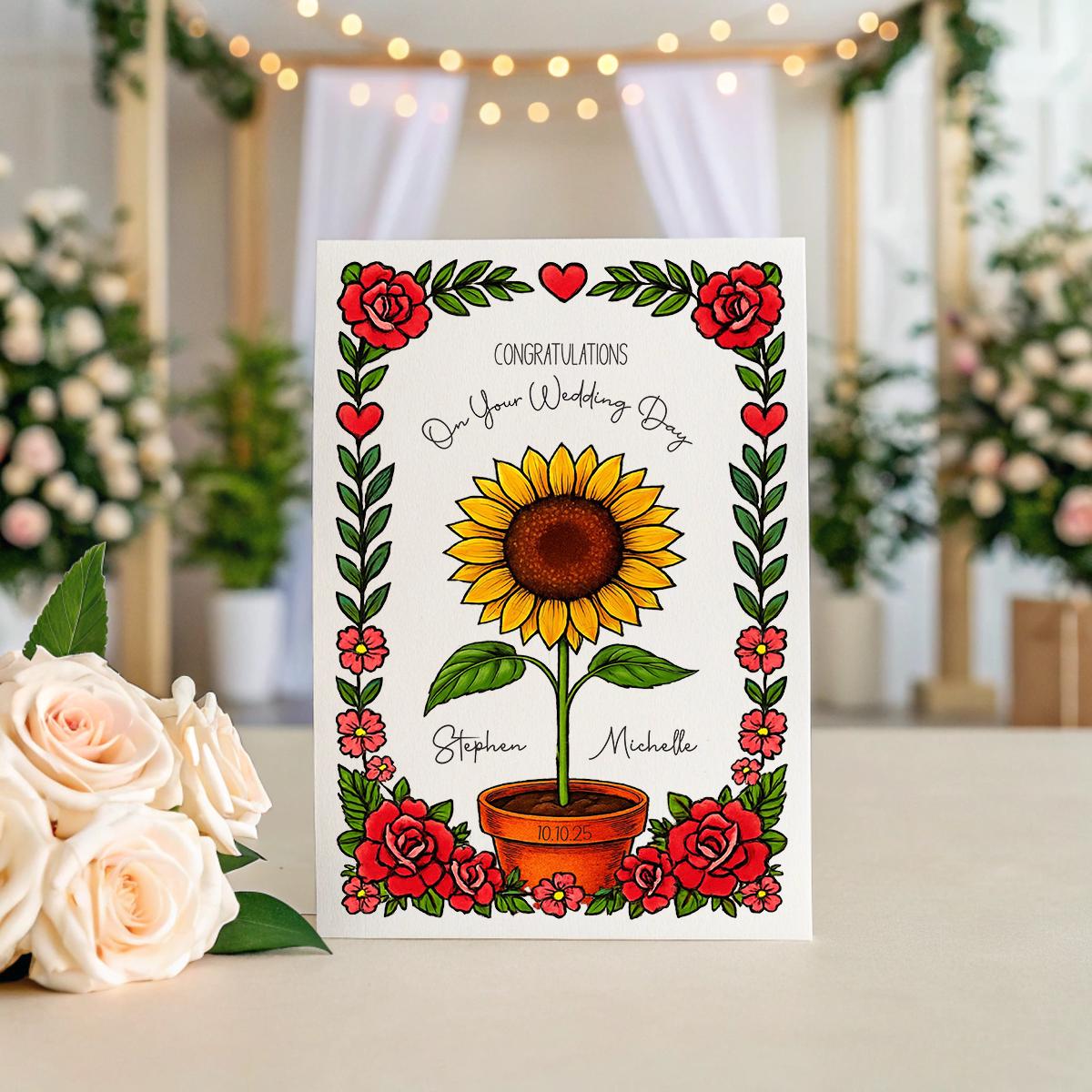 Personalised Sunflower Wedding Card – Custom Names & Date