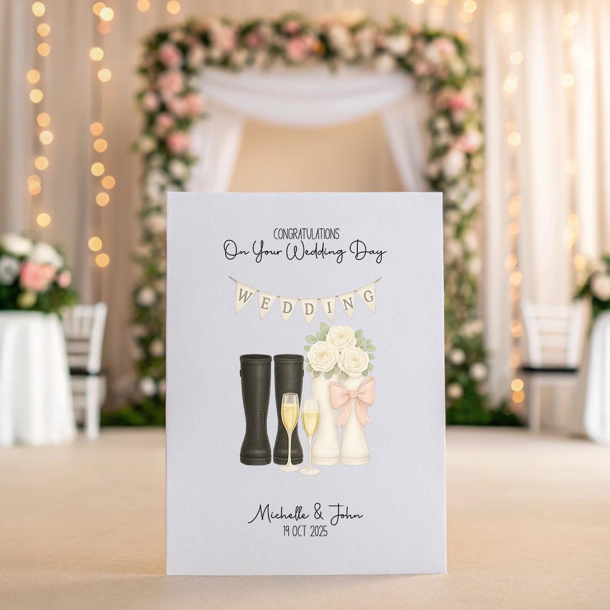 Rustic Wedding Wellies Card – A5 Linen Keepsake with Champagne & Roses, Custom Names & Date