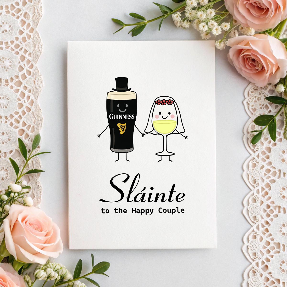Funny Irish Wedding Card – Sláinte to the Happy Couple – Guinness & Wine Bride Design – Red or White Wine Option – 5x7 Linen Card Gift