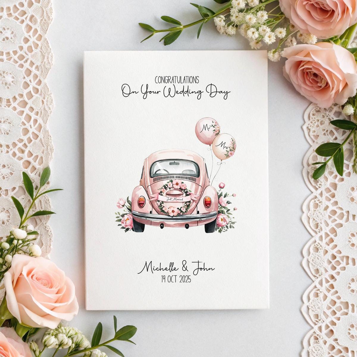 Personalised Wedding Card | Pink Just Married Car | Custom Names & Date | A5 Linen Card | Bride Groom Wedding Card | Romantic Keepsake