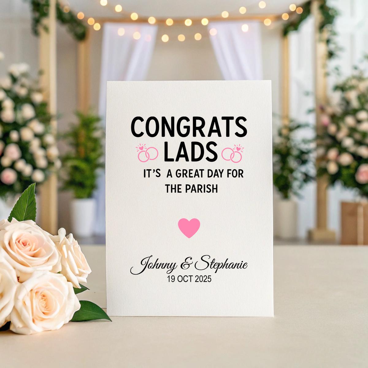 Funny Wedding Card | Congrats Lads | Great Day for the Parish | Personalised Irish Wedding Card | A5 Linen Card | Custom Names & Date