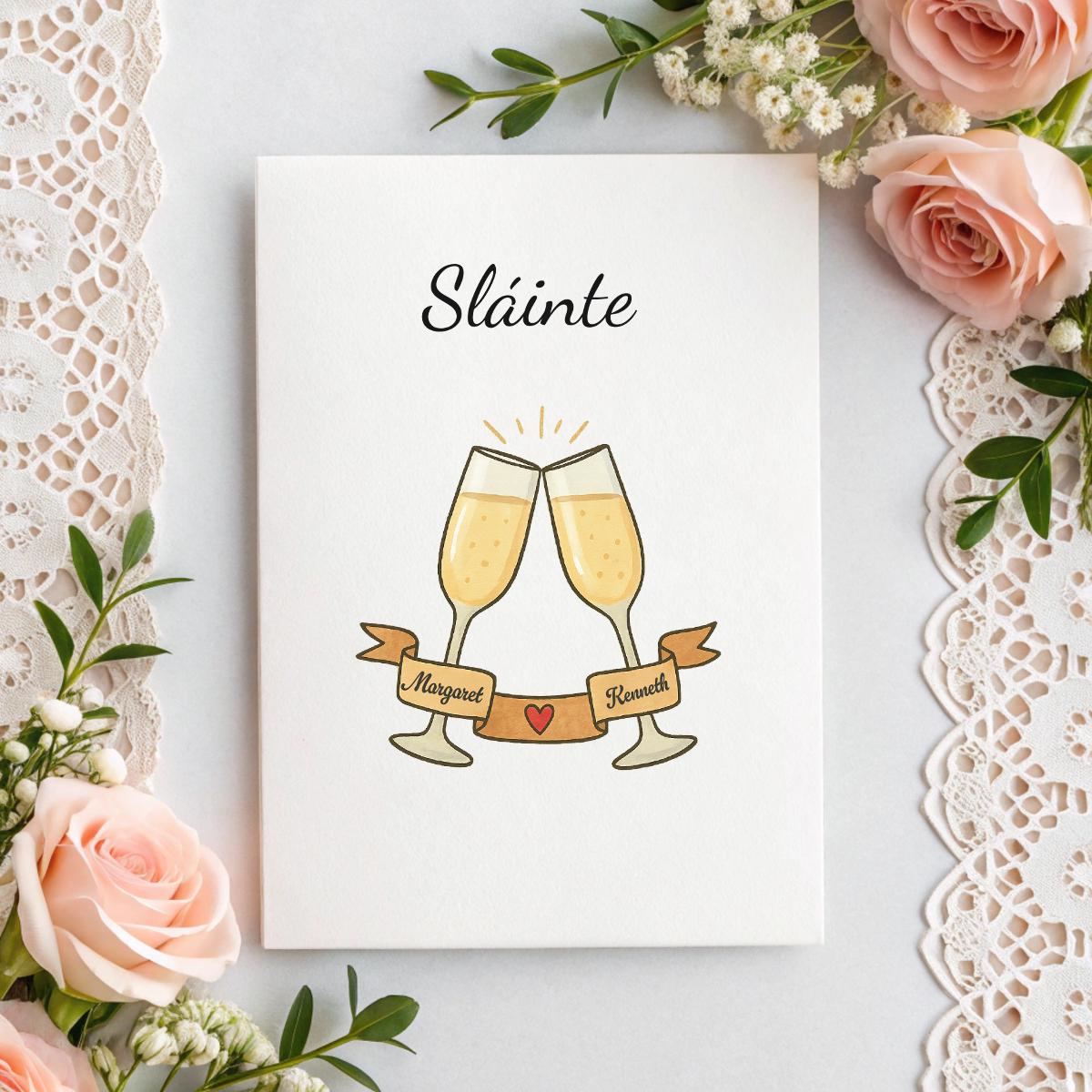 Personalised Sláinte Card with Toasting Glasses – Custom Names + Optional Inside Message