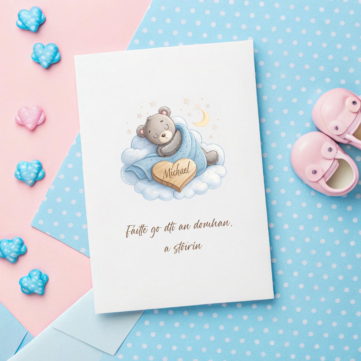Personalised Irish Baby Card – Newborn Name, Fáilte go dtí an Domhan, Cute Sleeping Bear