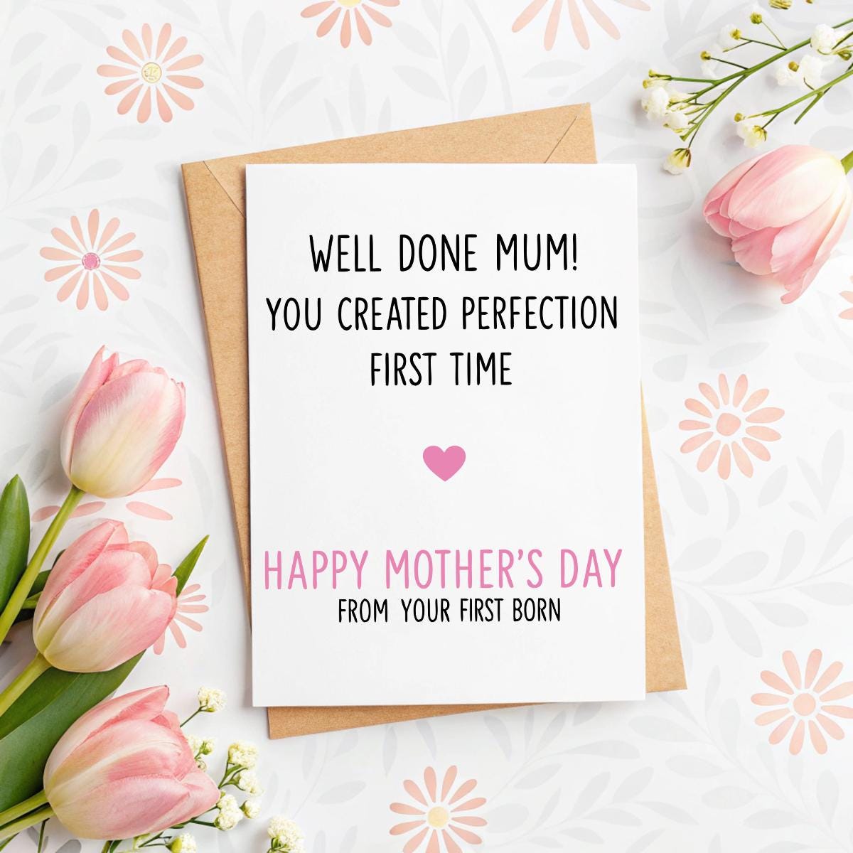 Personalised First‑Born Mother’s Day Card – Funny A5 Linen ‘Well Done Mum’, Name Option