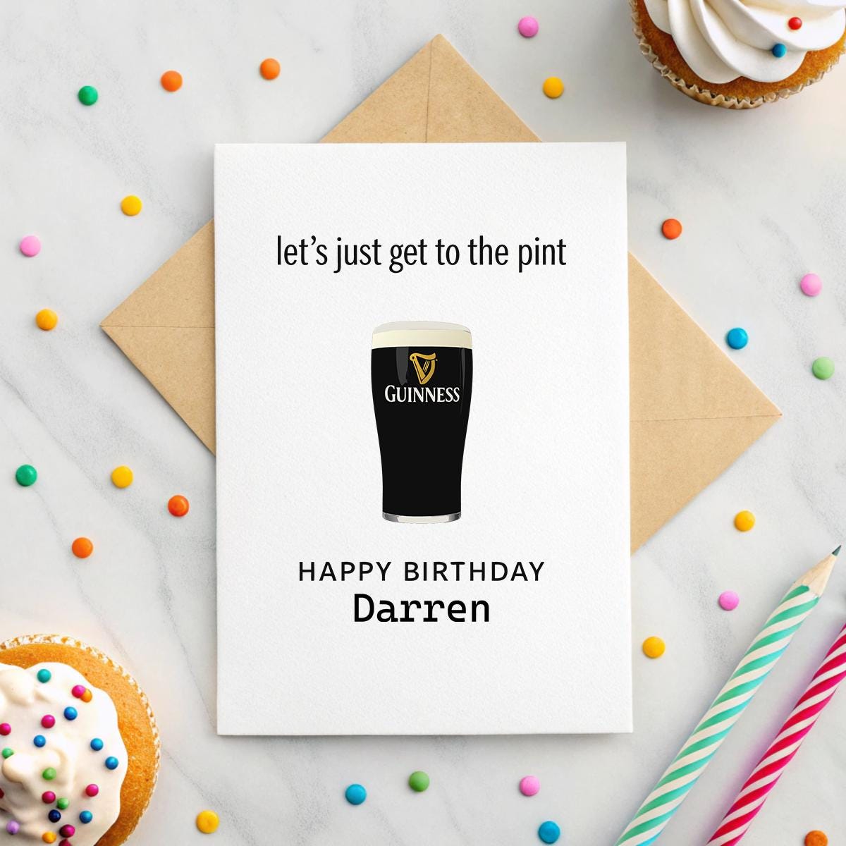 Personalised Funny Guinness Birthday Card – ‘Let’s Get to the Pint’, A5 Linen, Name & Date