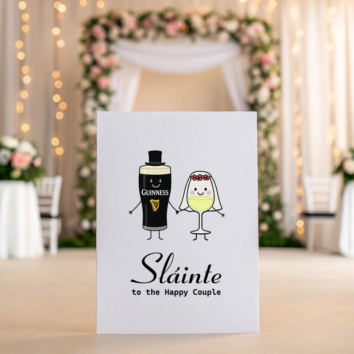 Funny Irish Wedding Card – Sláinte to the Happy Couple – Guinness & Wine Bride Design – Red or White Wine Option – 5x7 Linen Card Gift