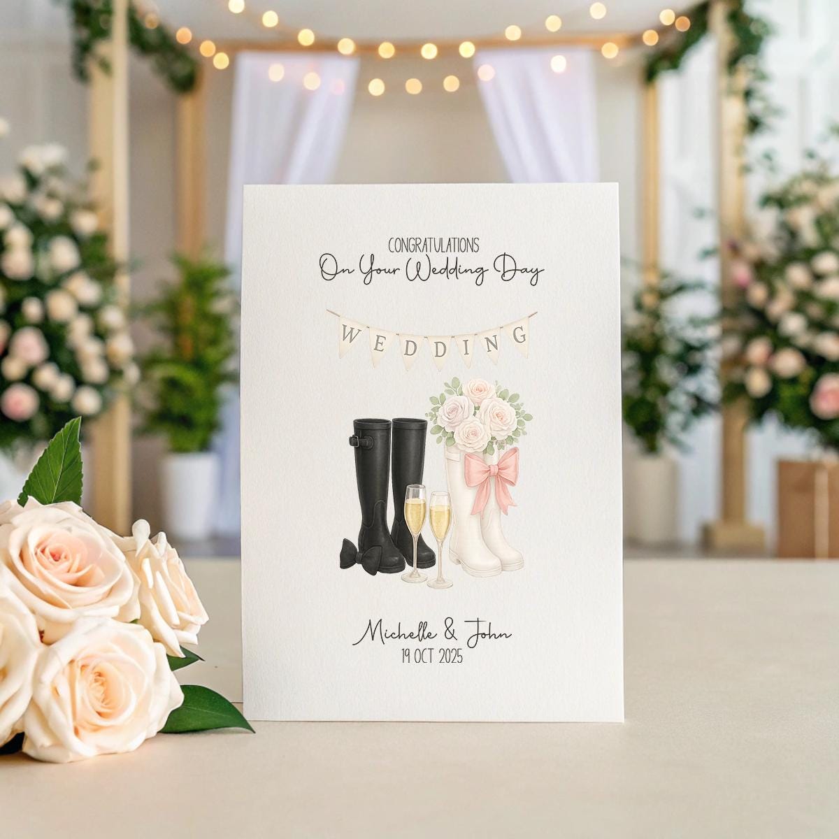 Wedding Card with Wellies | Personalised Names + Date | Rustic Bridal Card | Champagne & Flowers | A5 Linen Wedding Card | Handmade Gift