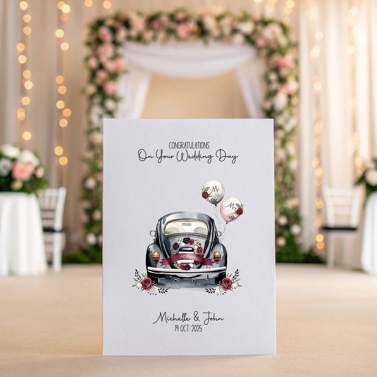 Personalised Wedding Card | Burgundy Just Married Car | Custom Names & Date | A5 Linen Card | Bride Groom Card | Romantic Wedding Gift