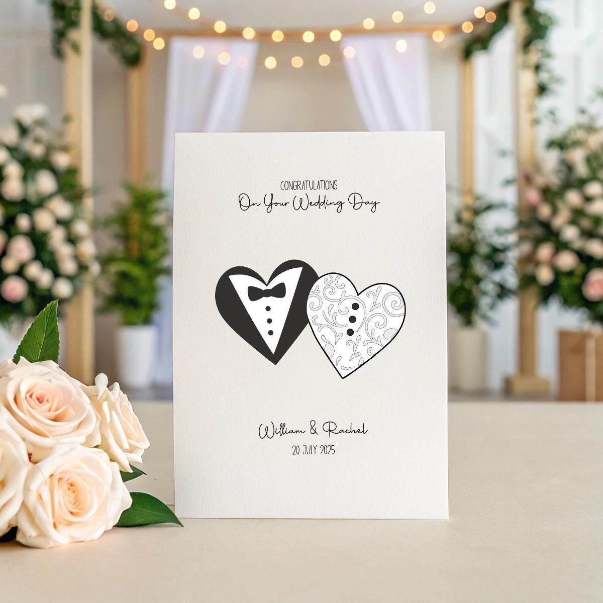 Personalised Wedding Card β Bride & Groom Heart Design, Custom Names & Date, Linen Texture