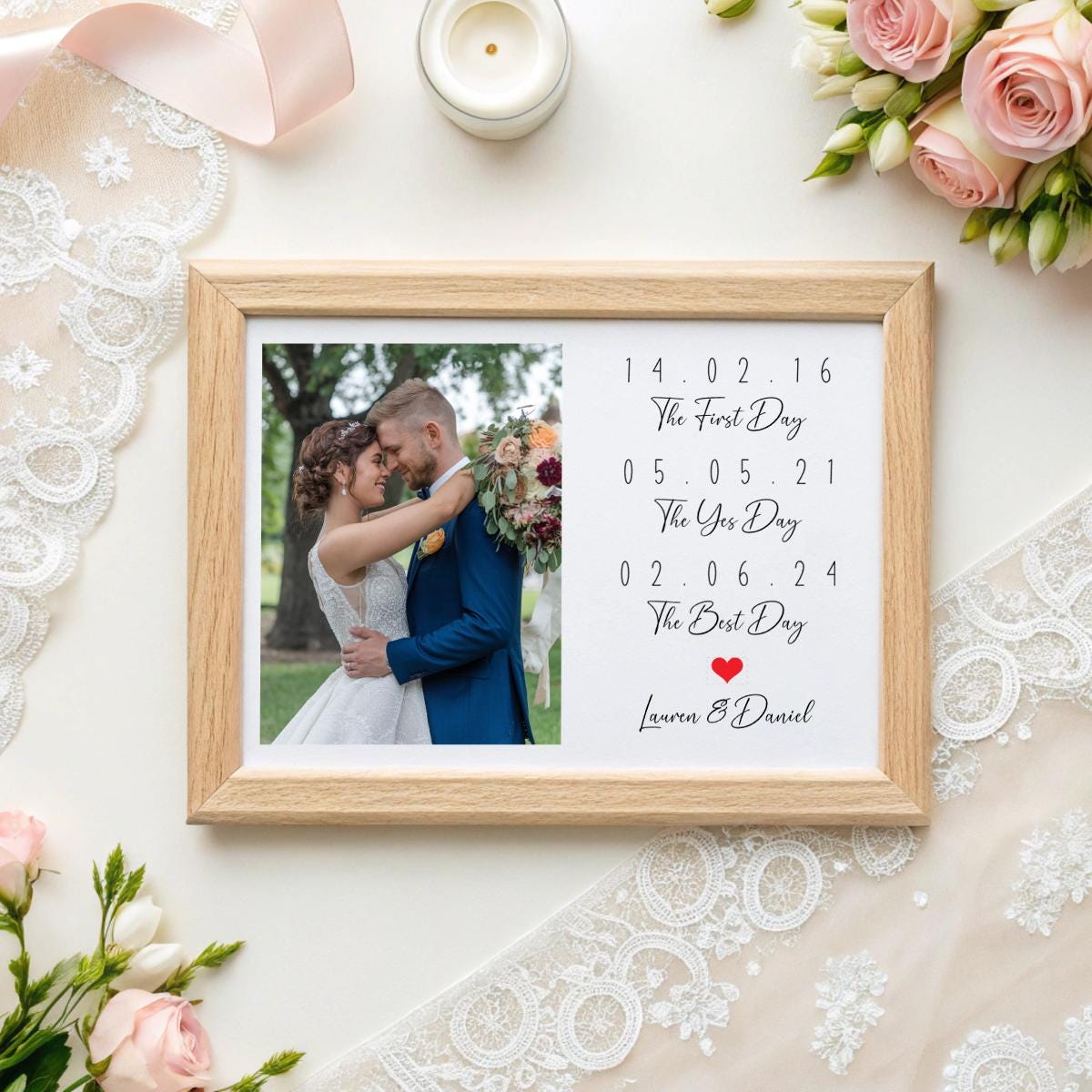 Personalised Wedding Date Print – Photo & The First, The Yes & The Best Day | A4/A3 & Digital