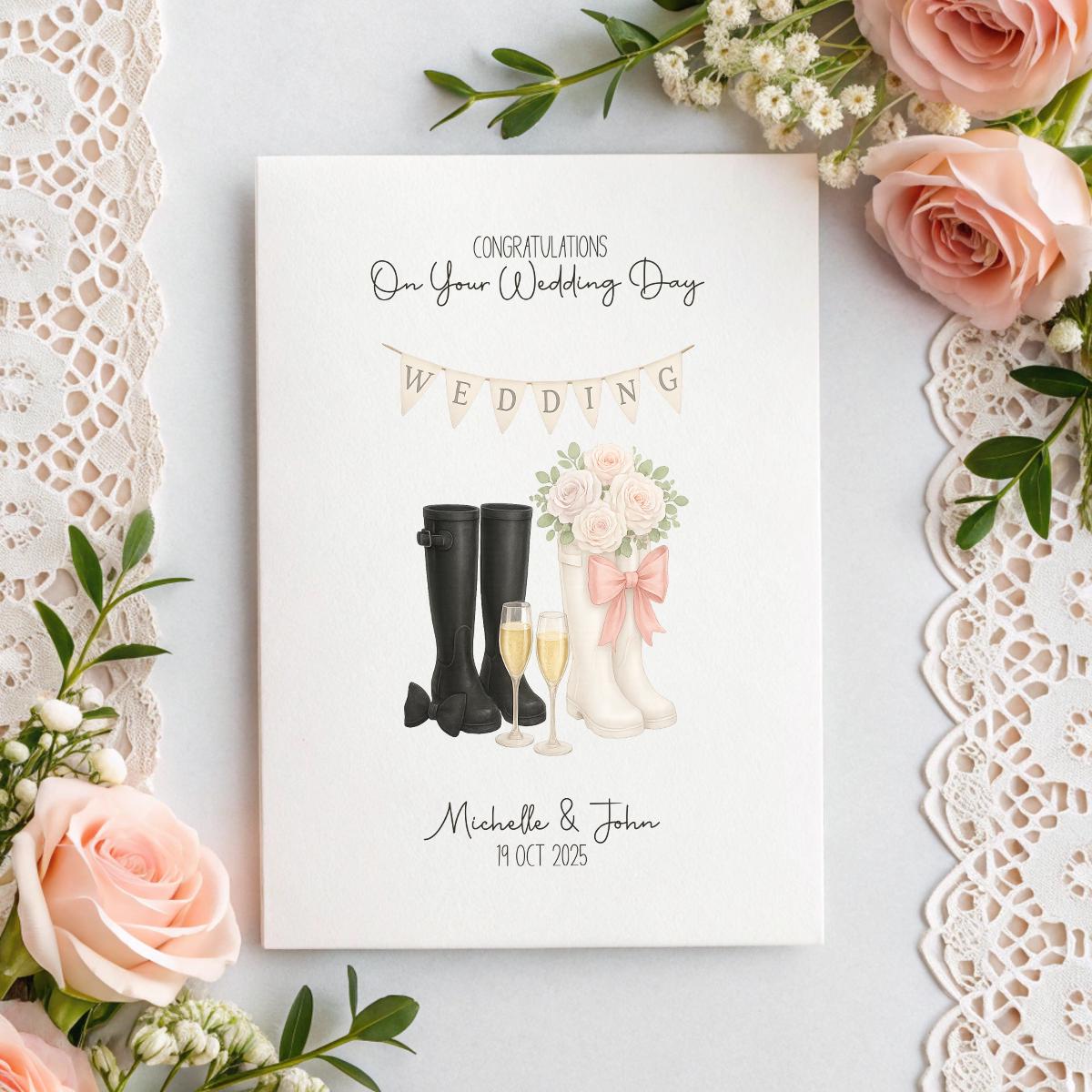 Wedding Card with Wellies | Personalised Names + Date | Rustic Bridal Card | Champagne & Flowers | A5 Linen Wedding Card | Handmade Gift