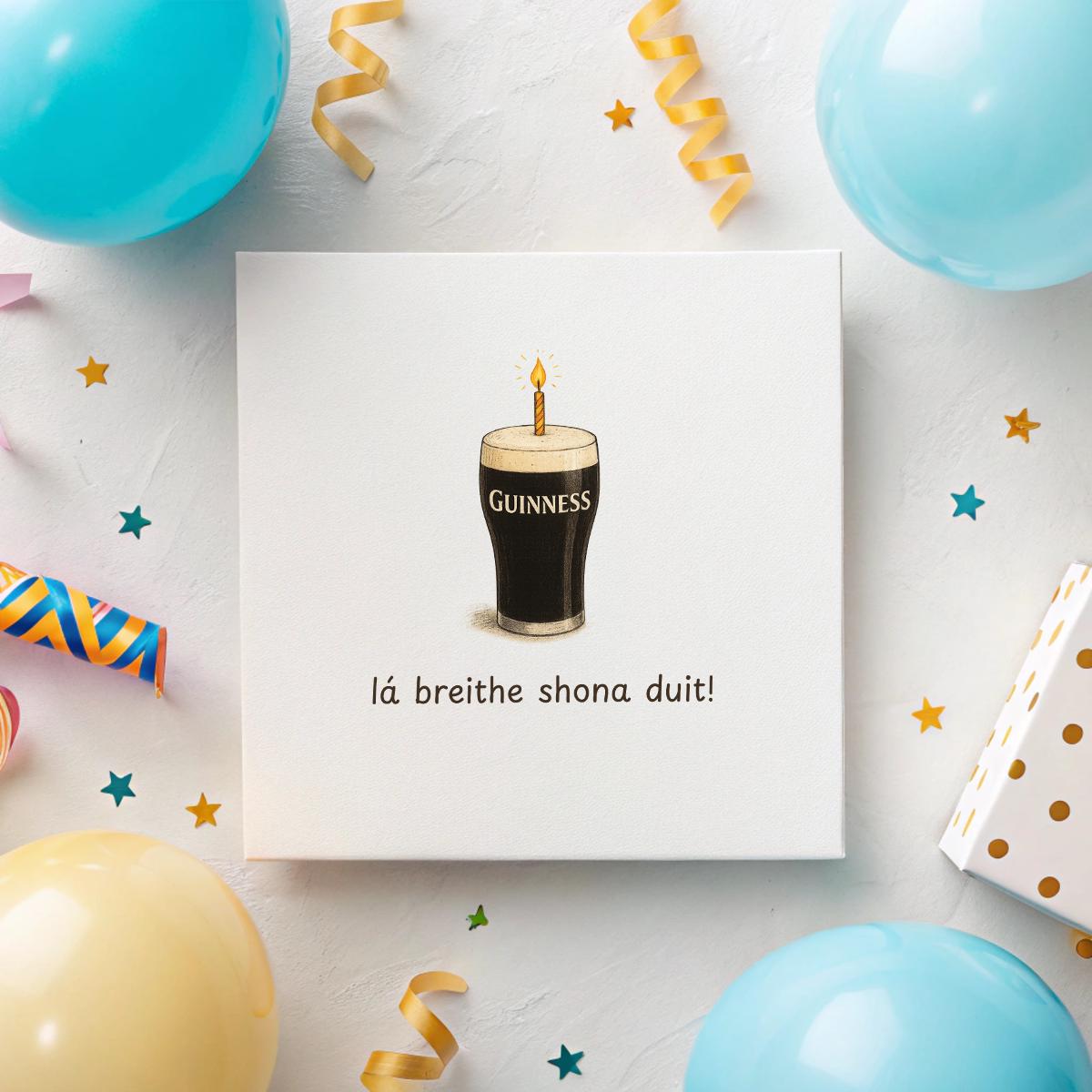 Irish Birthday Card – Pint of stout with Candle Design – “Lá Breithe Shona Duit” – 6x6" Hammered Card