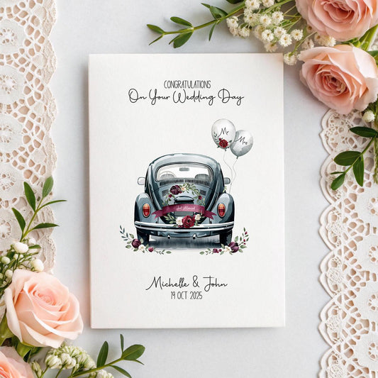 Custom Wedding Card | Just Married Car Card | Personalised Names & Date | A5 Linen Wedding Card | Bride and Groom Gift | Wedding Keepsake