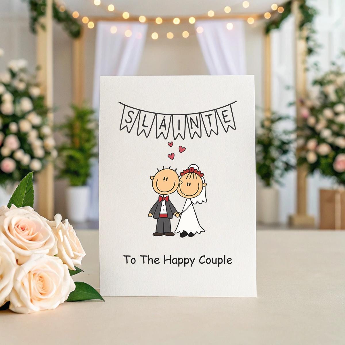 Sláinte Irish Wedding Card – To the Happy Couple – Cute Cartoon Bride & Groom – Funny Irish Wedding Card – Personalised Inside Option