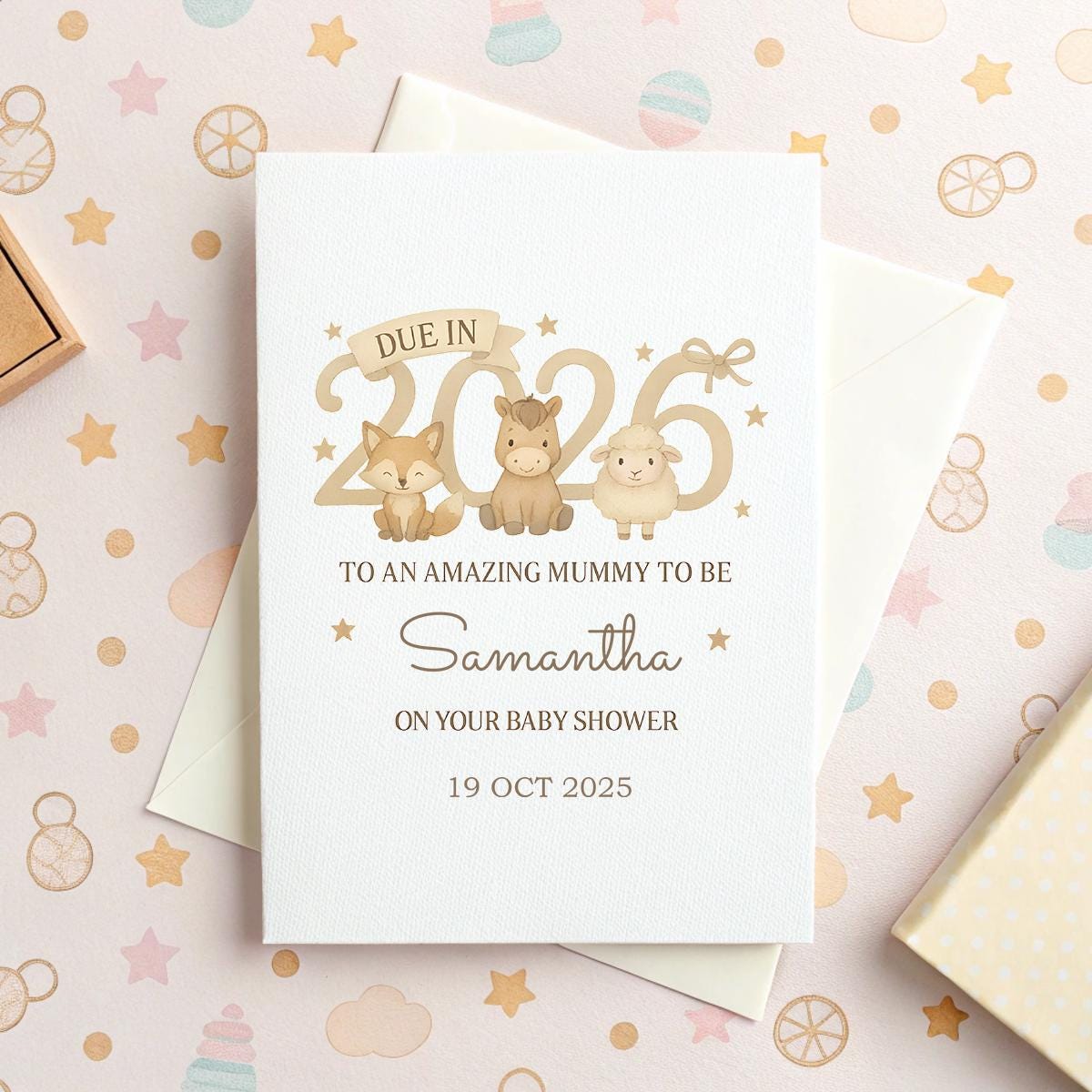 Personalised Baby Shower Card – Cute Woodland Animals, Due in 2026, Name & Date Customisation, Mum to Be Gift, Custom Inside Message Option