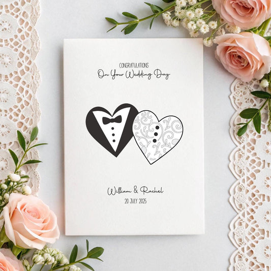 Personalised Wedding Card – Bride and Groom Heart Design – Custom Names and Date – Elegant Black and White Card – Linen Texture