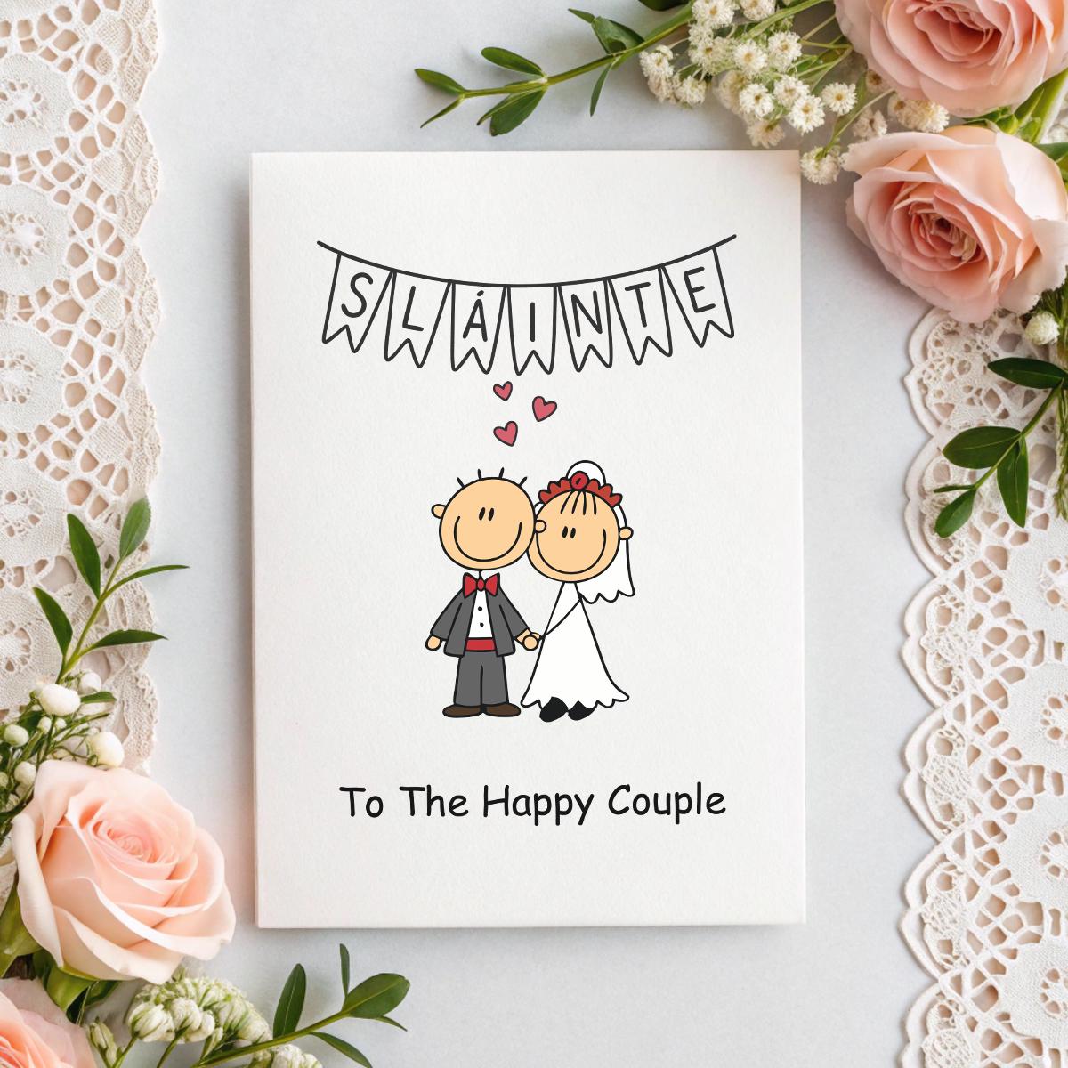Sláinte Irish Wedding Card – To the Happy Couple – Cute Cartoon Bride & Groom – Funny Irish Wedding Card – Personalised Inside Option