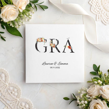 Personalised Irish Wedding Card – Grá Design, Names & Date, 6×6” Textured Keepsake