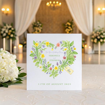 Personalised Irish Wedding Card – Wild Flower Heart, Bride & Groom Names + Date, Romantic Keepsake