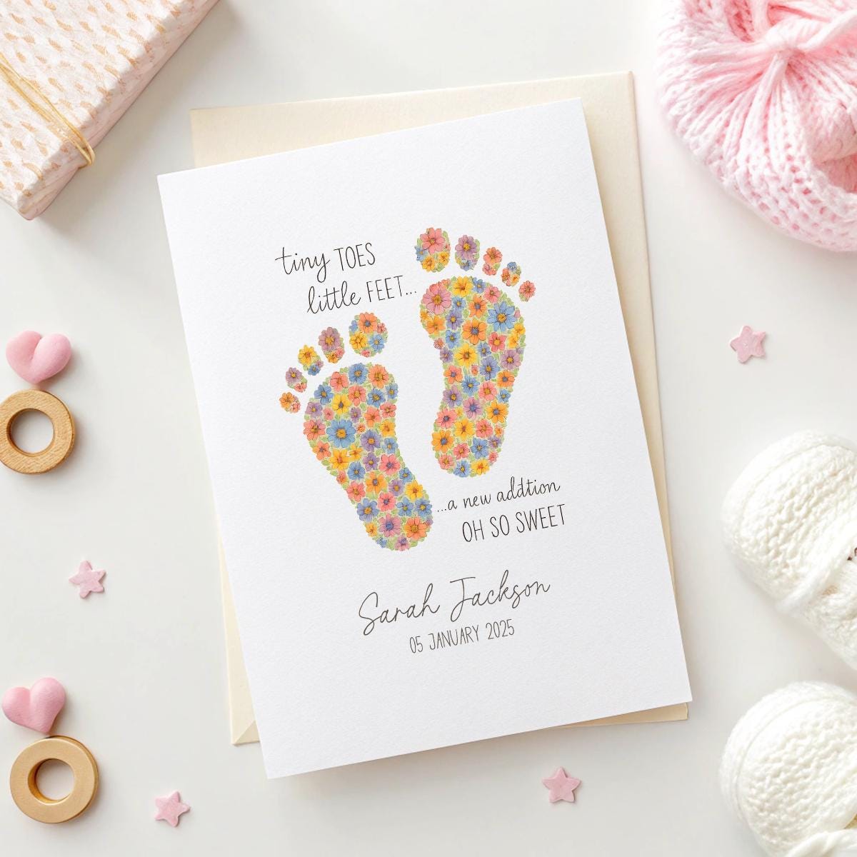 Personalised New Baby Card – Floral Baby Footprint Design, Custom Name & Date, Newborn Greeting