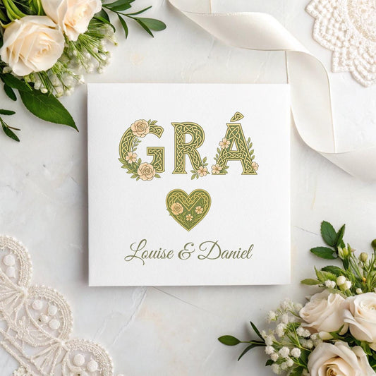 Personalised Irish Wedding Card – GRÁ Celtic Design with Names, Floral Knot Keepsake