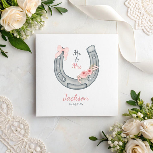 Personalised Wedding Card – Horseshoe & Pink Flowers, Custom Names & Date, Lucky Mr & Mrs