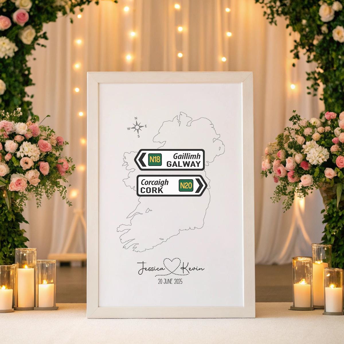 Personalised Irish Wedding Road Sign Print – Custom Map of Ireland with Names & Date – Available in A2, A3, A4 or Digital Download