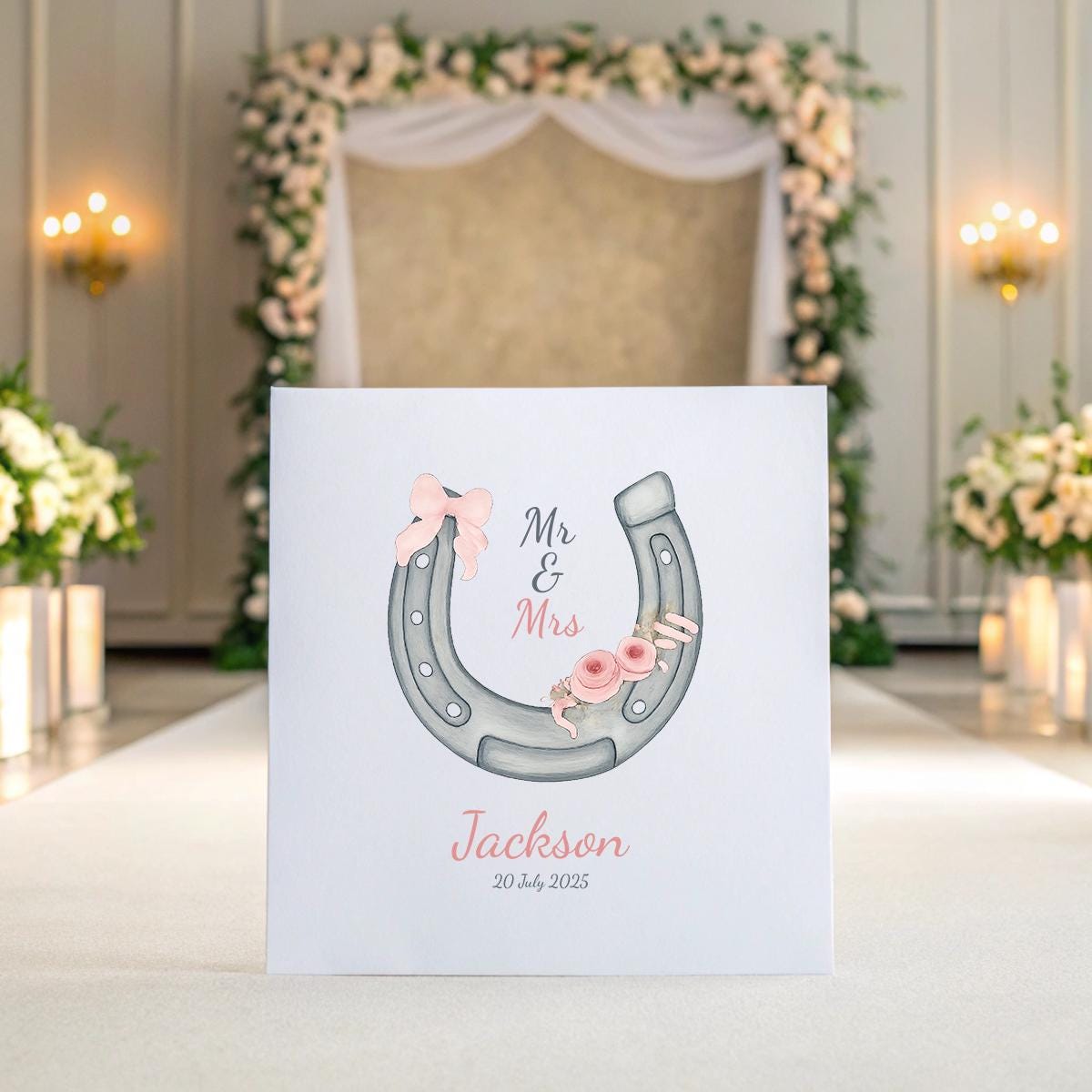 Personalised Wedding Card – Horseshoe & Pink Flowers, Custom Names & Date, Lucky Mr & Mrs