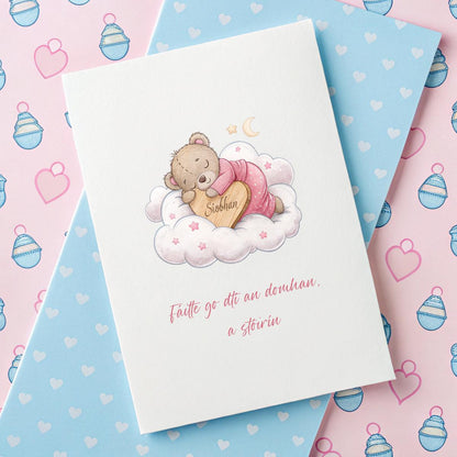 Personalised New Baby Girl Card in Irish – Sleeping Teddy, Custom Name & Fáilte