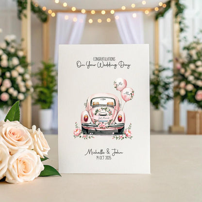 Personalised Soft Pink Just Married Car Wedding Card – A5 Linen Keepsake with Names & Date